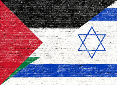 Israel and Palestine - National flag on Brick wall