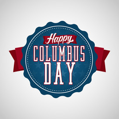 Happy Columbus Day Badge Label. Text on a Blue Badge with Stars in the Background.