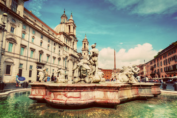 Piazza Navona, Rome, Italy. Fontana del Moro. Vintage