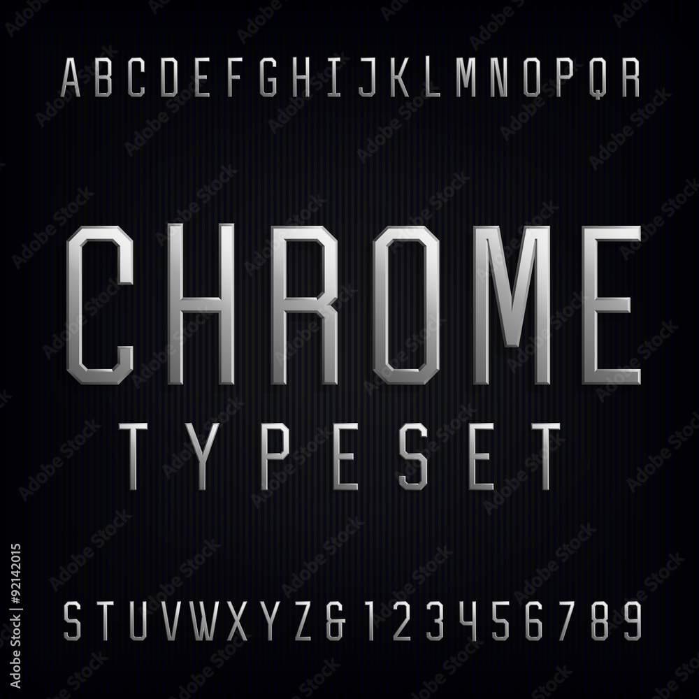 Fototapete chrome alphabet vector font. type letters, numbers and punctuation marks. beveled metal effect lette