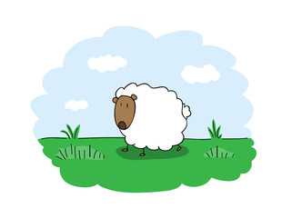 Sheep, a hand drawn vector illustration of a sheep in a grass field.