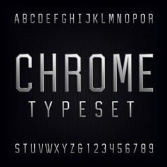 Chrome Alphabet Vector Font. Type letters, numbers and punctuation marks. Beveled metal effect letters on dark background. Vector typeset for headlines, posters etc.