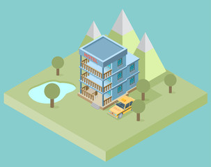 Fototapeta premium Hotel booking 3d isometric design concept. Vector illustration 