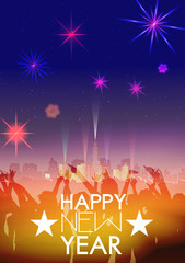 Fototapeta na wymiar New Year Party Poster Template with City Skyline and Fireworks - Vector Illustration