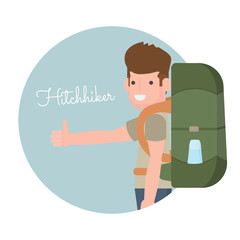 Cartoon traveler hitchhiker with a large backpack concept logo.