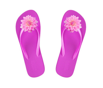 pink beach shoes with flowers isolated on white