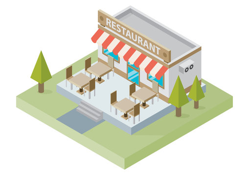 Flat isometric restaurant building with tables and chairs 
