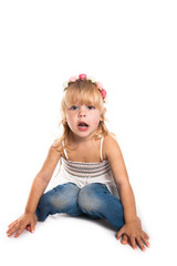 dirty sitting Girl with a wreath  on her head on a white backgro