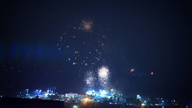 Time lapse footage with zoom in motion of Independence Day fireworks over Dodger Stadium in Los Angeles on 4th of July