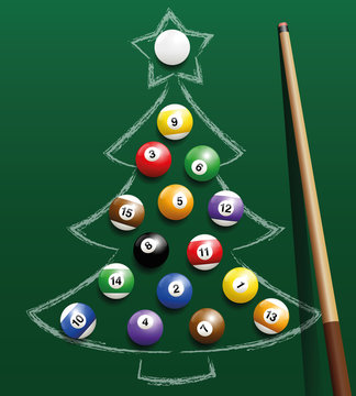Pool billiard balls representing christmas balls on a chalk drawing. Three-dimensional isolated vector illustration on green gradient background.
