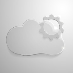 Cloud with sun on light gray background. Transparent glass icon for weather forecast and web design.
