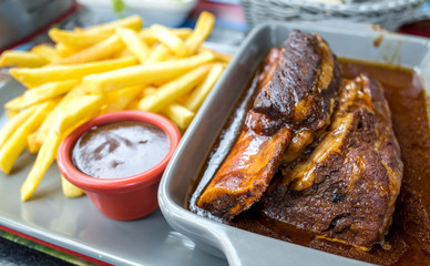 juicy steak beef meat with tomato and french fries