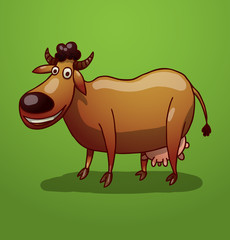 Vector brown funny cow. Image of a funny smiling cow brown color on a bright green background.