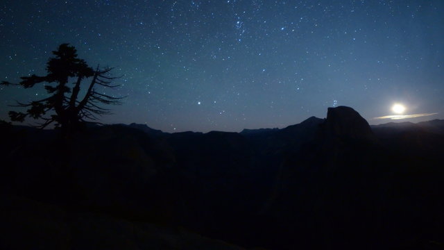 3 axis motion controlled astrophotography time lapse footage with dolly up / tilt down/ pan right motion of milky way and moon rise over Half Dome at Glacier Point in Yosemite National Park, California -Long Shot-