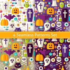 Fototapeta premium Four Vector Flat Seamless Halloween Party Patterns Set