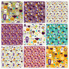 Nine Vector Flat Seamless Halloween Party Patterns Collection