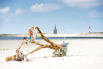 Driftwood logs on beach, Wangerooge - obrazy, fototapety, plakaty