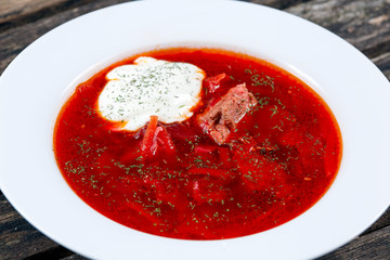 Borsch traditional russian soup. close up background.