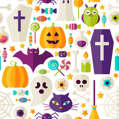 Obraz na płótnie Canvas Flat Halloween Party Objects Seamless Pattern over White