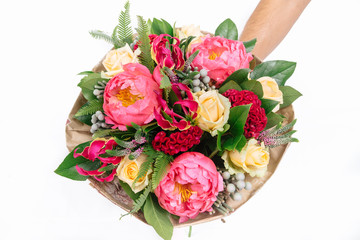 bouquet with roses, peonies, celosia, brunia and veronica