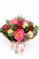 bouquet with roses, peonies, celosia, brunia and veronica