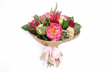 bouquet with roses, peonies, celosia, brunia and veronica