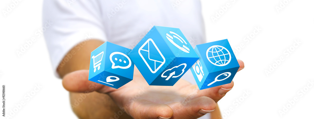 Poster businessman using modern cube interface