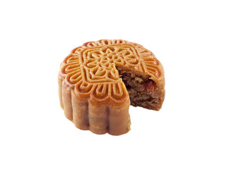 cut chinese moon cake isolated on white, round shape chinese traditional auspicious pastry