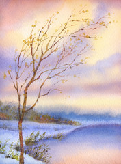 Obrazy na Szkle  Akwarela krajobraz. Pożółkłe drzewo nad zaśnieżonym jeziorem