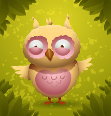 Vector pink funny owl. Image of pink funny cartoon owl on a background of green leaves and grass.