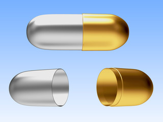 Golden and silver medical capsule open and close on blue background