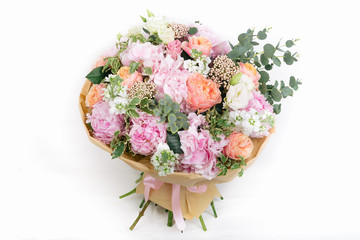 pink bouquet of Roses, Hydrangea and eucalyptus