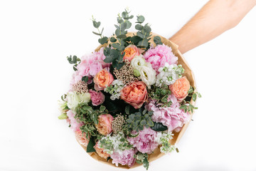 pink bouquet of Roses, Hydrangea and eucalyptus