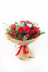 Red bouquet of roses, cotton, alstroemeria, trachelium