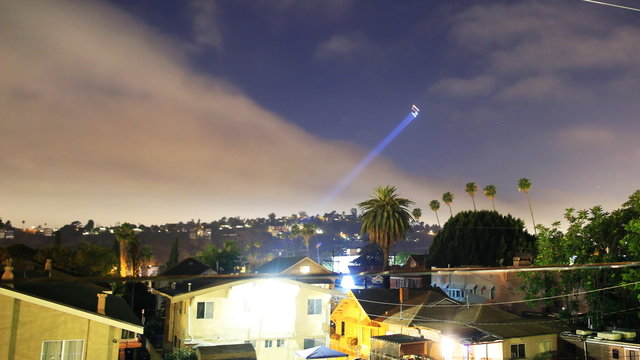  Time lapse footage with pan right motion of LAPD Helicopter searching for suspect at night