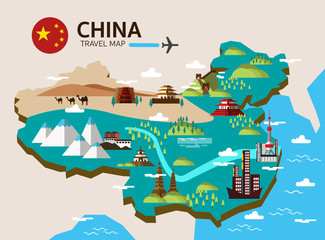 China landmark and travel map. Flat design elements and icons.
