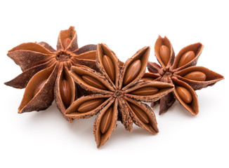 Star anise spice fruits and seeds isolated on white background c