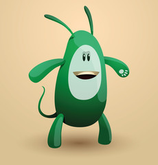 Vector funny green egg monster. Image of a funny smiling green egg monster with four paws and two ears on a beige background.