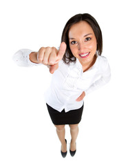 Pointing woman. Attractive smiling woman pointing directly at th