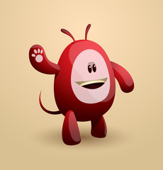 Vector funny red egg monster. Image of a funny smiling red egg monster with four paws and two ears on a beige background.
