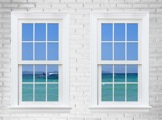 view seascape from wooden window and brick wall, pattaya city, t