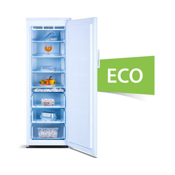 Freezer on white background, open, front view, with fresh food, isolated, ecology, ECO