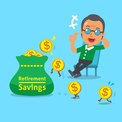 Cartoon old man with retirement savings bag and coins