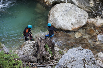 22.8.2015, Tscheppaschlucht, Austria, A river search and rescue team on duty in river pool under...
