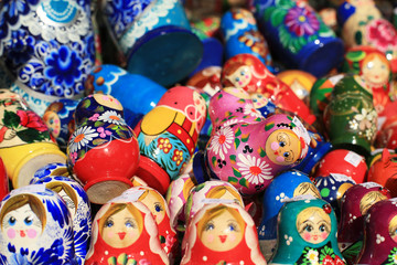 Fototapeta na wymiar Russia, Moscow gift shop with colored dolls