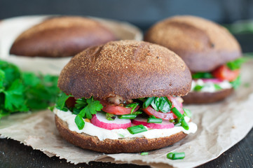 Italian tomato bruschetta with chopped vegetables, herbs and oil
