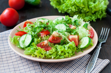 Tomato and cucumber salad with lettuce leafes