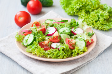 Tomato and cucumber salad with lettuce leafes