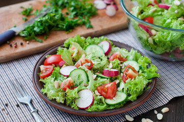 Tomato and cucumber salad with lettuce leafes