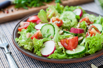 Tomato and cucumber salad with lettuce leafes